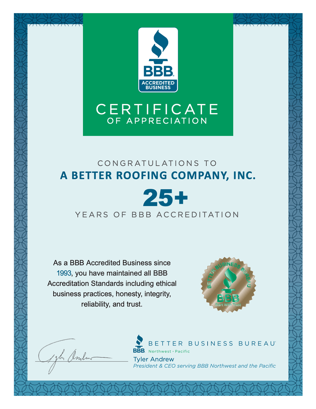 BBB Certificate Of Appreciation