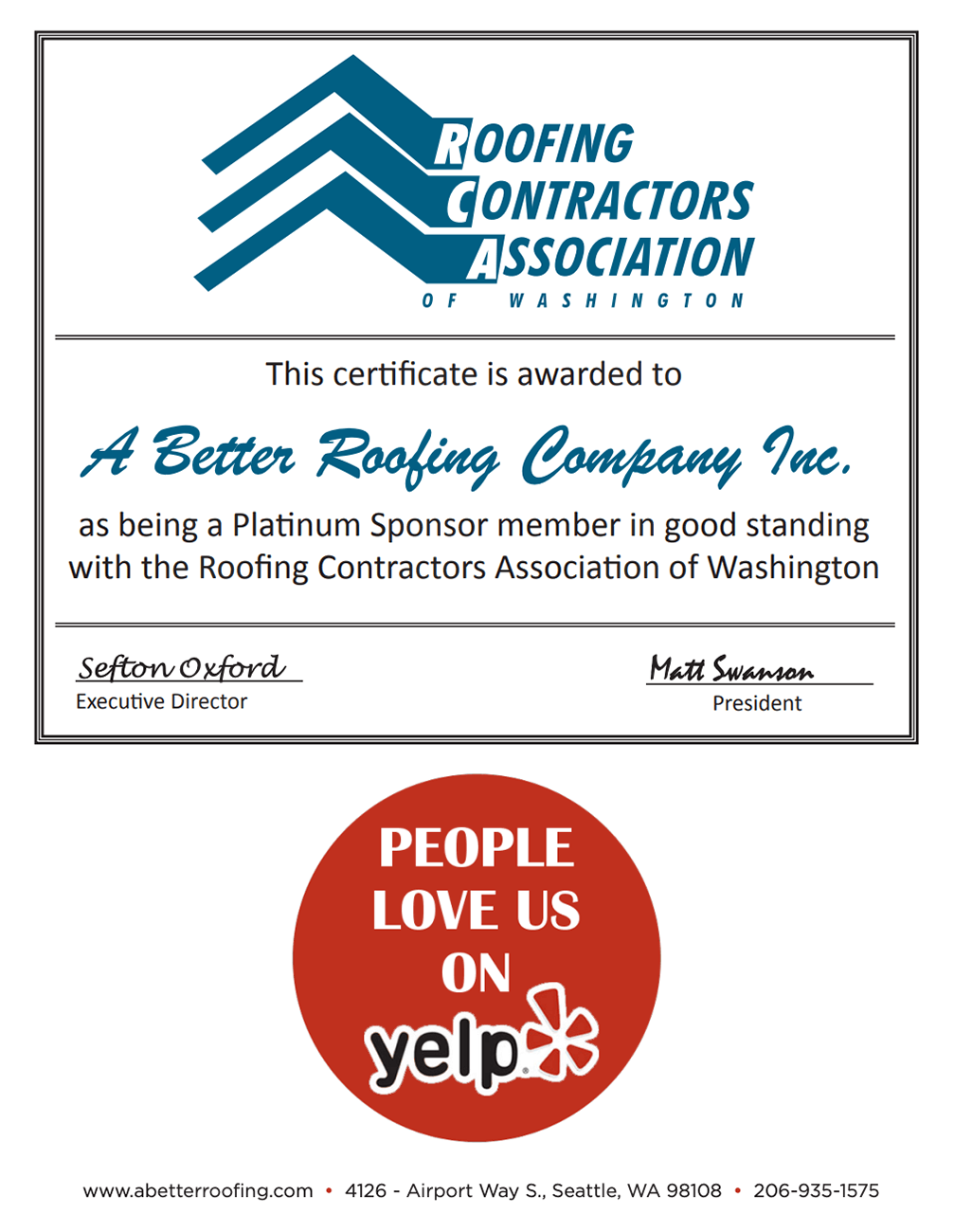 Roofing Contractors Association Certificate
