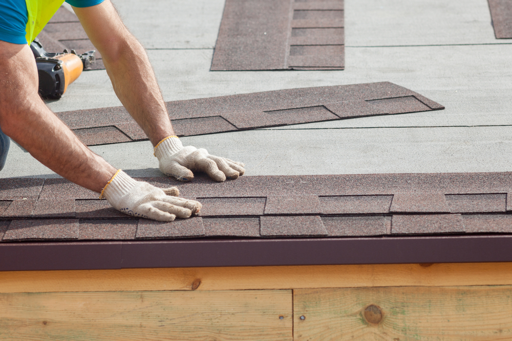 Roofer,Builder,Worker,Installing,Roof,Shingles Roofer builder worker installing roof shingles